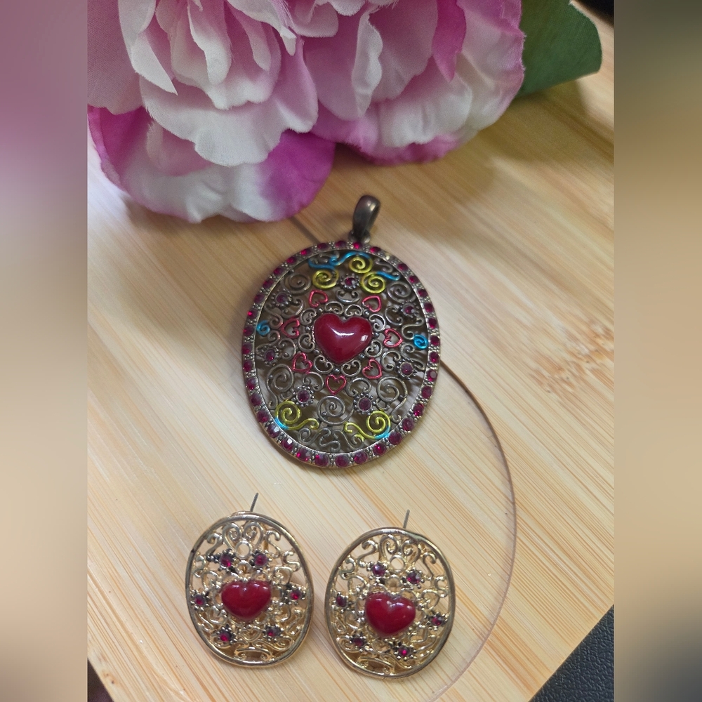 Heart Pendant and Earring Set with Red and Multicolor Accents